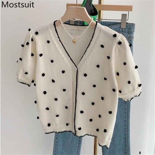 Stereoscopic Balls Knitted Cardigan Tops Women Summer Short Sleeve V-neck Knitwear Korean Elegant Vintage Ladies Jumpers Sweater