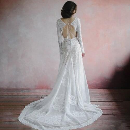 Boho weeding dress long sleeve mermaid gowns for bride lace V neck Backless vestido de noiva Sweep Train online shopping india