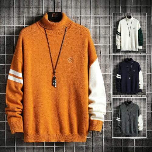 2021 New Spring Winter Mens Warm Turtleneck Patch Work Sweater High Quality Fashion Casual Comfortable Pullover Thick Sweater M