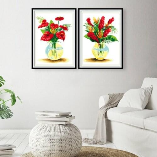 Cross stitch printed canvas Bright flowers blooming in a vase borduurpakketten kruissteek tela punto de cruz 11ct