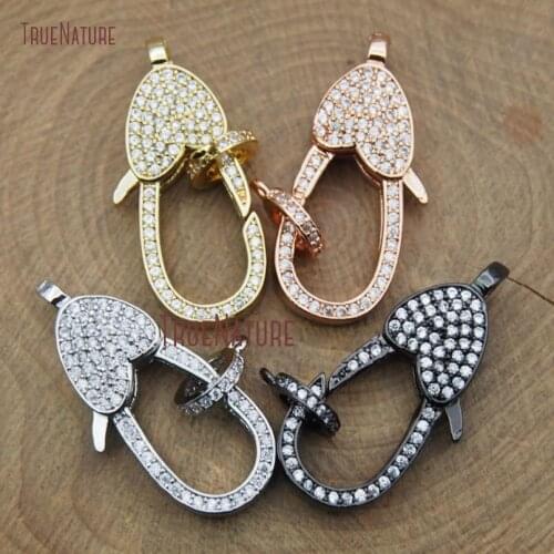 New Design Copper Gold Silver Finish Lobster Clasp Clear Cz Micro Pave Heart Shape Lobster Clasp Findings 29*12 mm FC9199