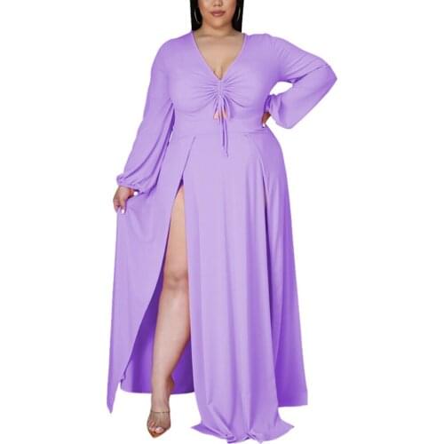 Elegant Long Dresses for Women Plus Size 4XL 5XL Solid Full Sleeve High Split Floor Length Fashion Evening Party Vestidos Mujer