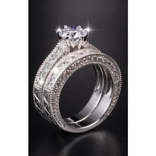 Vintage 14KT White gold Diamond Ring set 2-in-1 Female jewelry Luxury 925 Sterling Silver Engagement Wedding Rings For Women