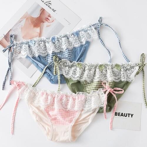 LUCKY ZONE Japanese Girls Underwear Plaid Ruffled Straps Ladies Underwear Sweet Lace Girls Comfortable Low-waist Underwear GQB