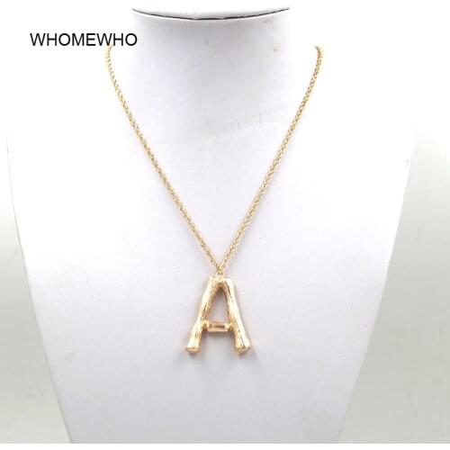 Gold Metal Hammered Metal Bamboo 26 Letters Alphabet A-Z Minimalist Initial Pendant Necklace Fashion Long Chain Neck Jewelry