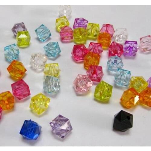 100 Mixed Colour Transparent Acrylic Faceted Cube Beads 10X10mm