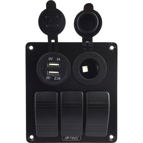 Waterproof 3 Gang Red LED Rocker Switch Dual USB Car Charger 12V Power Outlet Cigarette Lighter Socket for Car SUV Boat Marine