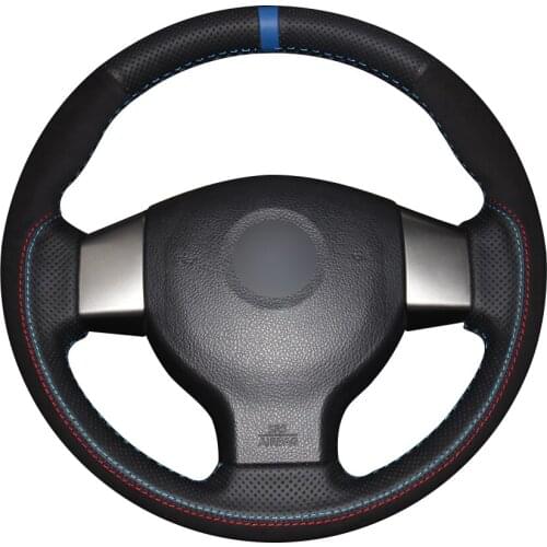 Black Natural Leather Black Suede Blue Marker Car Steering Wheel Cover for Old Nissan Tiida Livina Sylphy Note