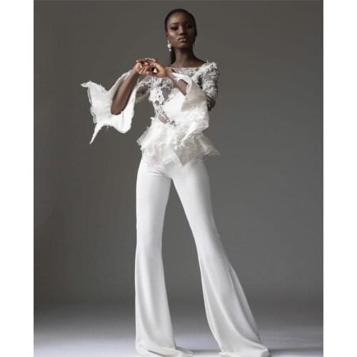 Elegant White Jumpsuit Prom Dresses Lace Appliqued Long Sleeves Evening Dress Custom Made Floor Length Party Gown