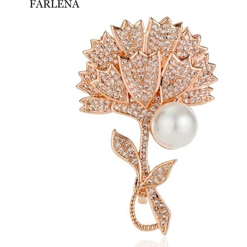 FARLENA Jewelry Excellent CZ Crystal Carnation Boutonniere for Women Gift Fashion Zircon Simulated Pearl Flower Brooch Pins