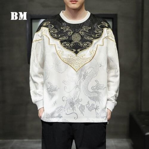 Chinese Style High Quality Embroidery Patchwork Round Neck Long Sleeve T Shirt 2021 Harajuku Tops Men Clothing Fashion Pullover