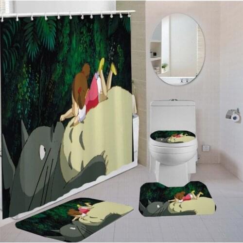 High Quality Totoro Bathroom Set 4 Piece Shower Curtain Toilet Lid Cover Bath Rugs Carpet Cartoon Bath Curtain Set with 12 Hooks