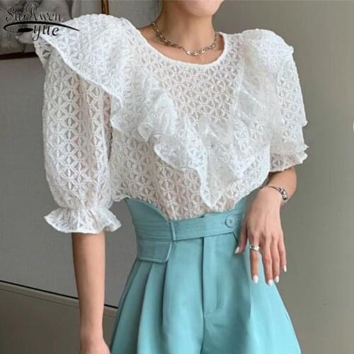 Korean Summer New Ruffles Women Tops Pullover See Through Blouses Round Neck Puff Sleeve Short Sleeve Female Sweet Tops 14255