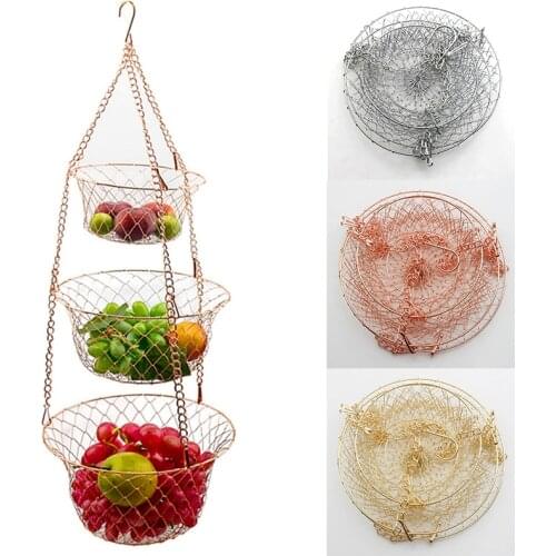 Modern Style Storage Basket Racks 3-Tier Hanging Kitchen Vegetable Fruit Storage Basket Rack Holder with Iron Chain