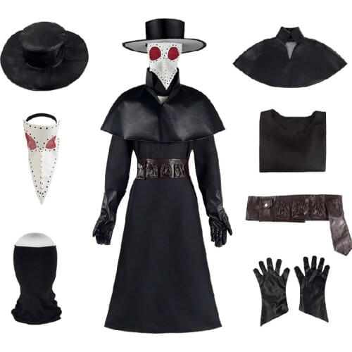 Plauge Doctor Medieval Costume Bird Beak Punk Leather Halloween Black Death Outfit Scary Robe Cloak For Adult Men Women Mask+Hat