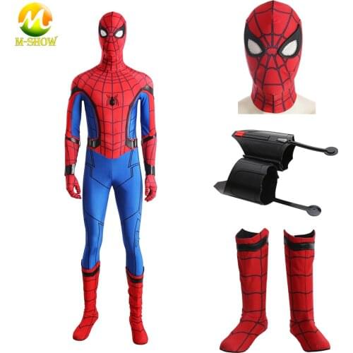Superhero The Spider Homecoming Cosplay Peter Parker Cosplay Costume Jumpsuit Mask Boots Halloween Zentai Suit for Men Any Size