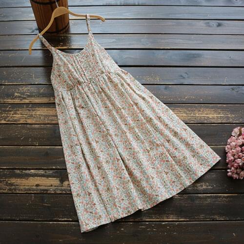 2964 New Summer Women Japan Style Literary Floral Print Dress Women Cotton Sling Off-The-Shoulder Dress