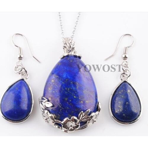 New Party Gifts Natural Jewellery Sets Teardrop Lapis Lazuli Stone Beads Pendant Earrings Set Silvers Chain Necklace 45cm QQ3073