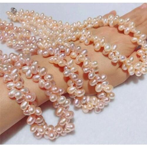 New beautiful Fashion 2ROW Natural Freshwater Pearl AAA 7-8MM Irregular Pink Purple Multicolor Necklace