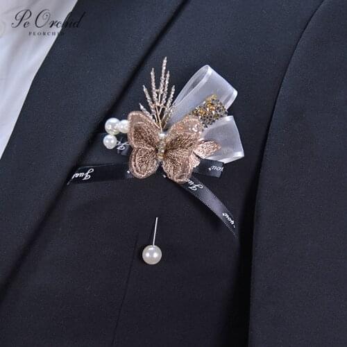 PEORCHID 2020 Gold Groom Corsage Boutonniere Wedding Accessories For Groomsmen Butterfly Brooch Wedding Pins Prom Decor
