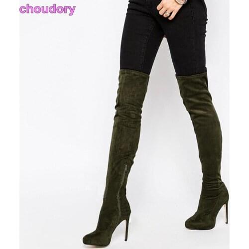 Most popular women over-the-knee thigh high boots army green velvet zipper thin high heel shoes hot seller fashion footwear