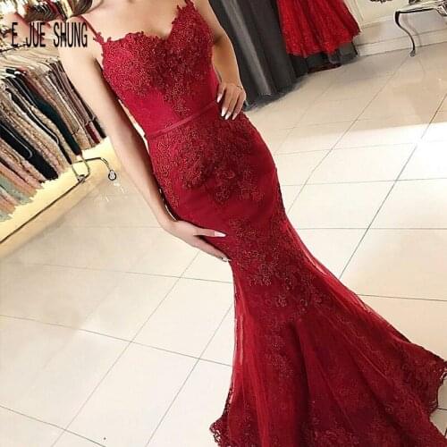 E JUE SHUNG Dark Red Spaghetti Wedding Dress Sexy Backless Sleeveless Lace Mermaid Bridal Gowns Applique Vestido De Noiva