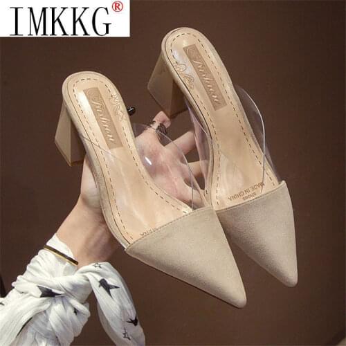 Flock women basic Pumps Summer Women Fashion Pointed High Heels Muller Square Heel Slippers Women Slip-On Shallow Ladies Shoes