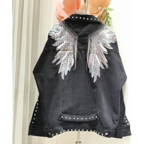 Turn Down Collar Loose Vintage Autumn Tassel Rivet Retro Wing Embroidery Denim Jacket Women Casual Jeans Jacket Women Clothes