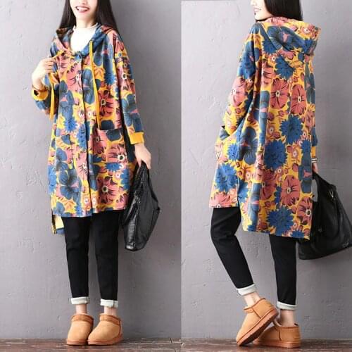 2018 female new autumn and spring plus size casual flower wild hooded outerwear cotton slim asymmetric loose shirt