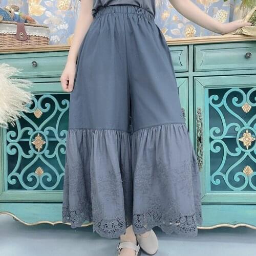 Womens New Style Mori Girl Japanese Thin Cotton Stitching Lace Mid-length Bottoming Loose High-waist Wide-leg Pants