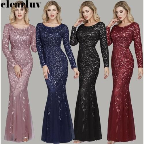 Long Sleeves Formal Dress Long Elegant Women Party Dress HQ008 2020 New Robe De Soiree Sequins Plus Size Mermaid Evening Dresses