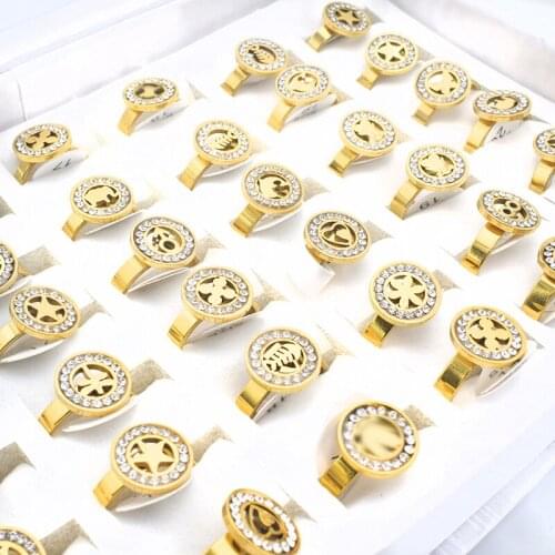 20 Pieces Mix Gold Color Stainless Steel Ring For Women Jewelry Round Inlay Rhinestone Star Flower Crown Charm Wedding Rings Men