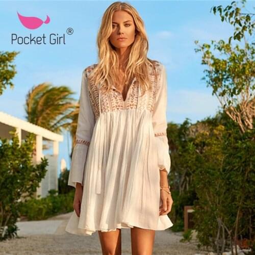 Pocket Girl 2020 Women Swimsuit Cover Up Long Sleeve Beach Tunic Dress Robe De Plage White Pareo Beach High Collar Cover Ups