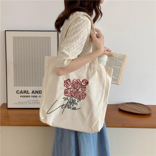 2021 INS Embroidery Roses Canvas Shoulder Shopping Bag Women Cotton Cloth Tote Shopper Bag Large Female Handbag