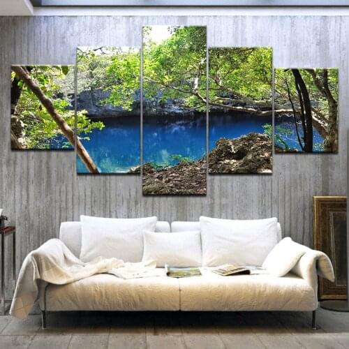 5 Panel/pieces HD Print Green tree blue lake Landscape wall posters Print On Canvas Art Painting For home living room decoration