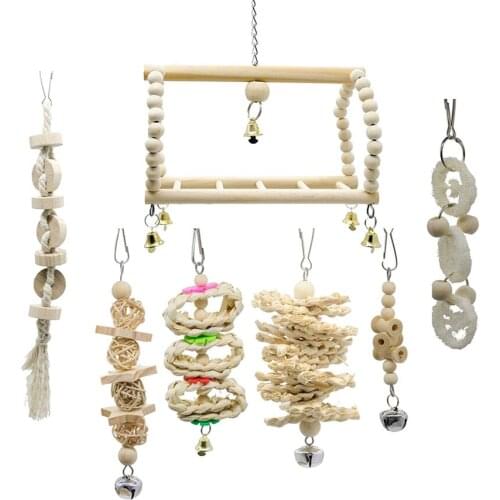 7x Bird Swing Chewing Toys Cage Hanging Wooden Stand Perches With Bells Toys