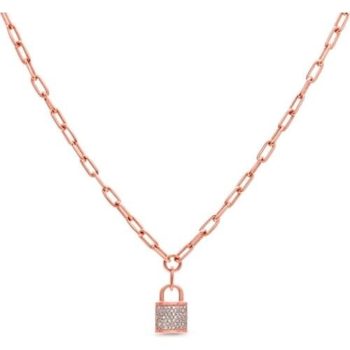 925 sterling silver open link chain micro pave 5A cz lock pendant necklace 16"+2" extend chain