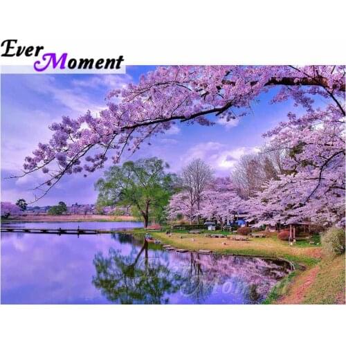 Ever Moment 5D DIY Diamond Embroidery Peach Blossom Scenery Diamond Mosaic Full Square Drills Artwork Home Decoration ASF1210