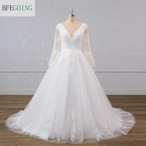 White Tulle Lace V-Neck Bridal Gown Long Sleeves Floor-Length Ball Gown Wedding Dress Chapel Train Custom Made