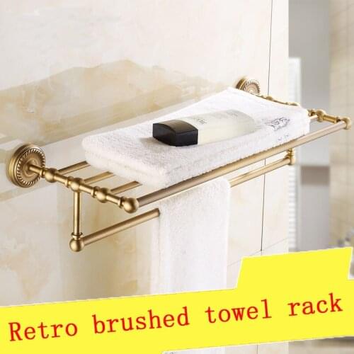 30~50cm Brass hotel bathroom bath towel holder, Square antique shelf towel rack, Retro double storage rack towel bar