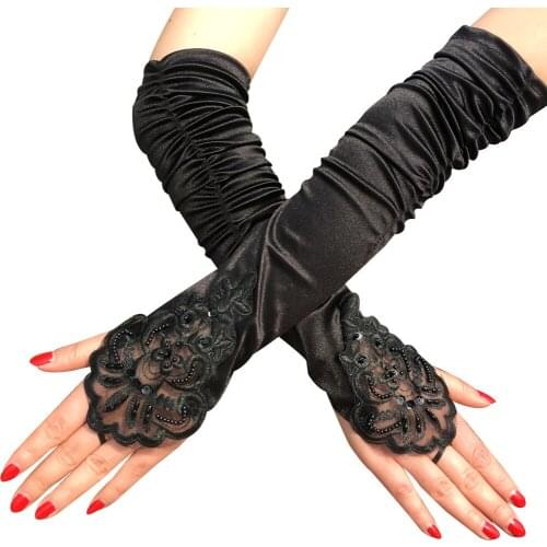 Long Satin Gloves For Wedding Lace Appliques Bridal Fingerless Gloves Rufflles Black Gloves Beading Gloves Womens Wedding Gloves