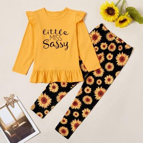 PatPat Stylish Letter Print Ruffled Longsleeves Tee and Sunflower Allover Print Pants Set
