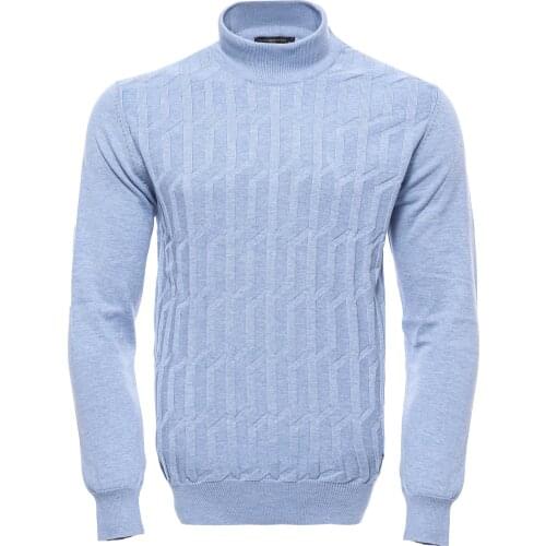 Ice Blue Patterned Half Turtleneck Sweater