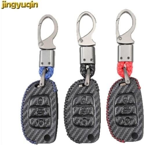 Jingyuqin 3 Button Leather Carbon Remote Car Key Case Cover For Hyundai Creta i10 i20 Tucson Elantra Santa Fe 2016 2017 2018