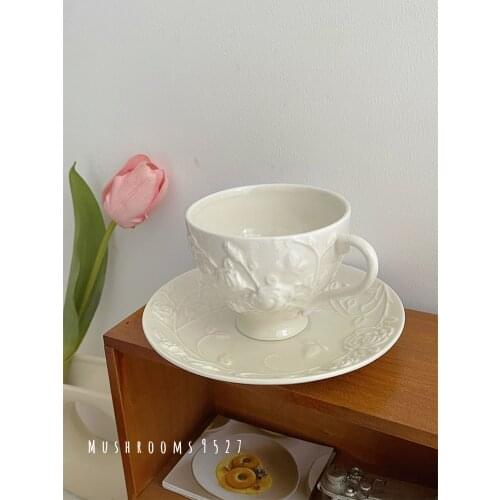 Palace Style Rose Coffee Cup and Saucer Set French Luxury Luxury High-end Retro Embossed Ceramic Plate Afternoon Tea Cup