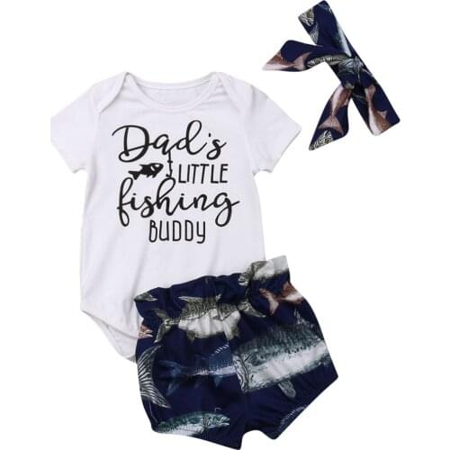 0-24M Baby Boy Girl Letters Printing Clothes Sets Infant Babies Summer Clothes Buddy Bodysuit Tops Fish Shorts Outfits 3PCS