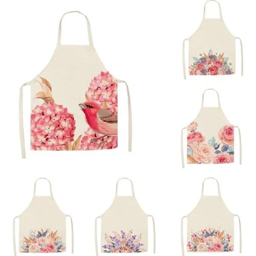 1Pcs Kitchen Apron Bird Flowers Printed Sleeveless Cotton Linen Aprons for Men Women Home Cleaning Tools 55*68cm