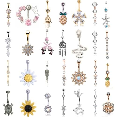Fashion 1pc Zircon Surgical Stainless Steel Navel Piercing Flower Pendant Belly Button Rings Belly Piercing Body Jewely