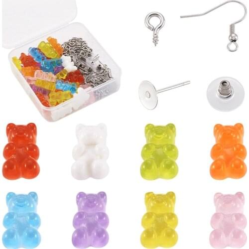 Cartoon Cute Bear Resin Cabochons with Earring Hooks Screw Eye Pin Bail Peg for DIY Handmade Jewelry Earring Making Mixed Color