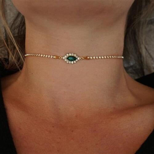Luxury Jewelry Gift Crystal Choker Necklace Clavicle Chain Accessories for Women Green Evil Eyes Rhinestone Gold Collar Choker